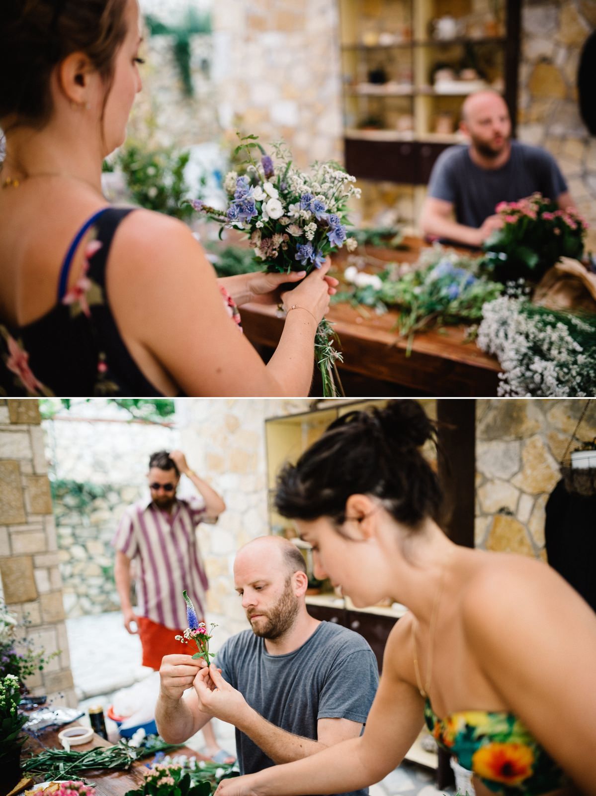 Wedding preparation details including a suit jacket hanging in a garden pathway and brown leather dress shoes.