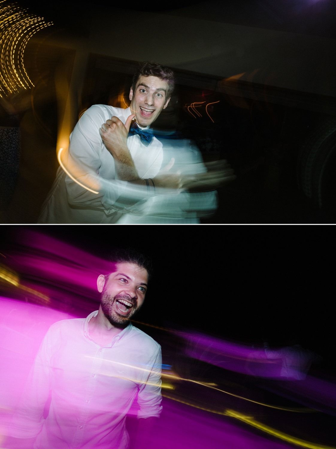 Two dynamic party photos showing guests dancing with motion blur effects in blue and pink lighting.