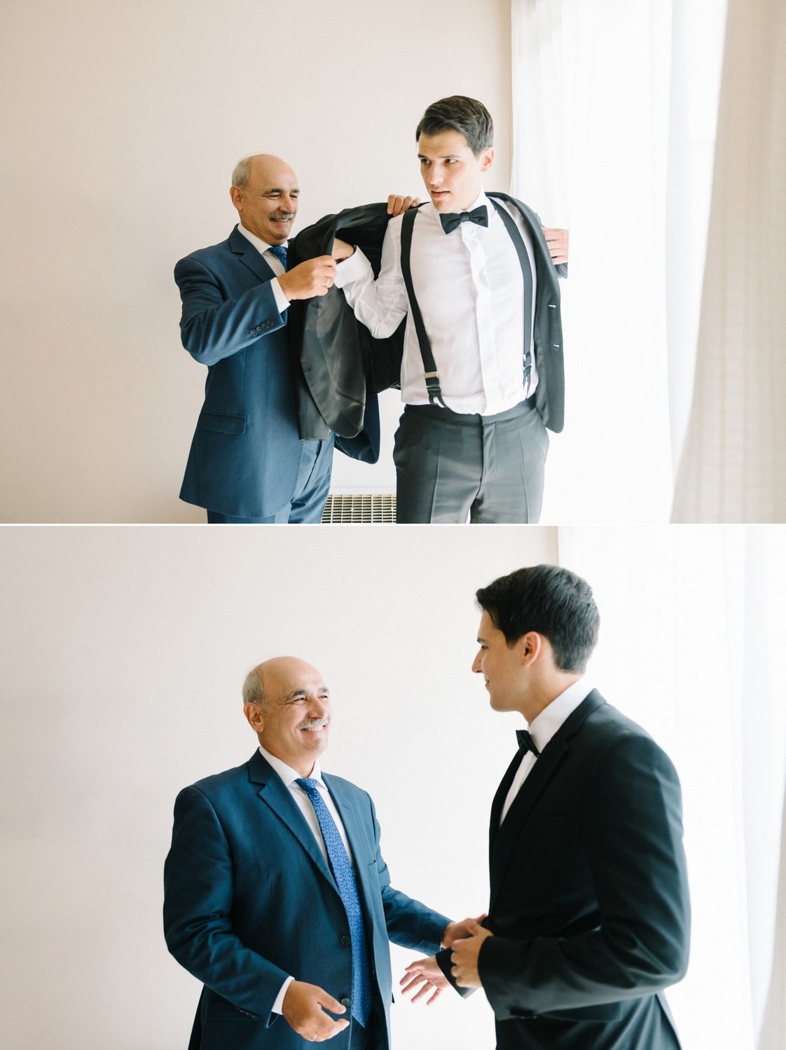 A formal dressing scene showing suit jacket adjustments and conversation.