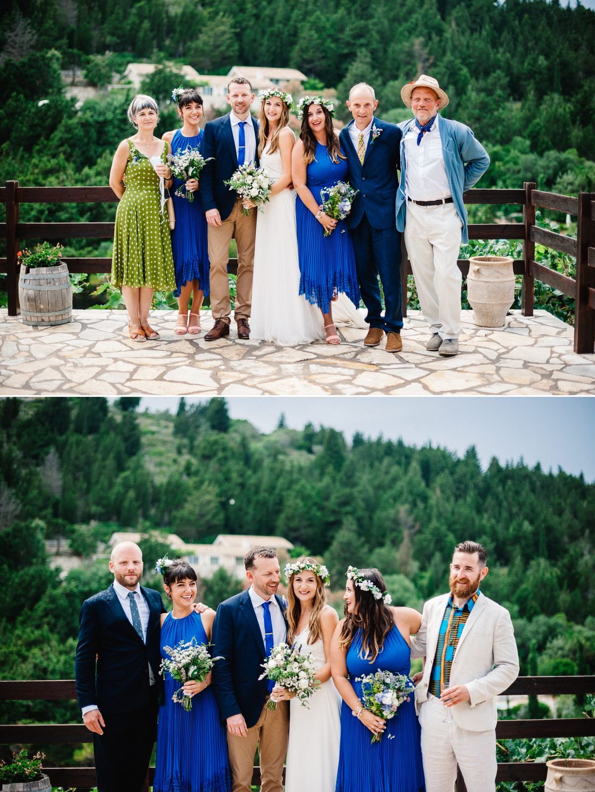 Wedding party poses for formal group photo on stone patio with mountain forest backdrop.