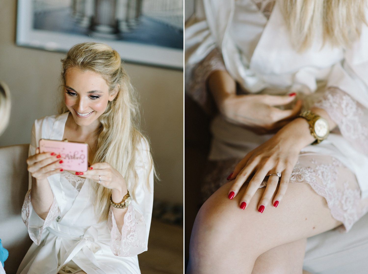 Getting ready moments showing wedding day details and red nail polish.