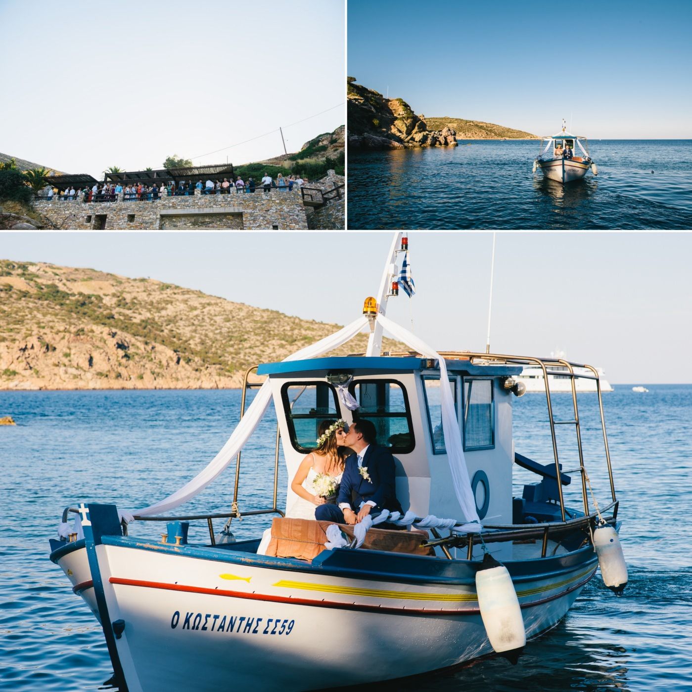 Wedding celebration scenes at a coastal venue with boat ride on Mediterranean waters.