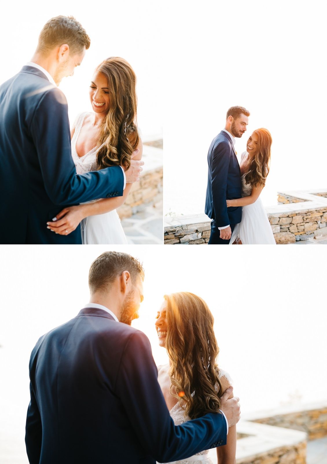 Romantic wedding couple shares intimate moments against a bright coastal backdrop.