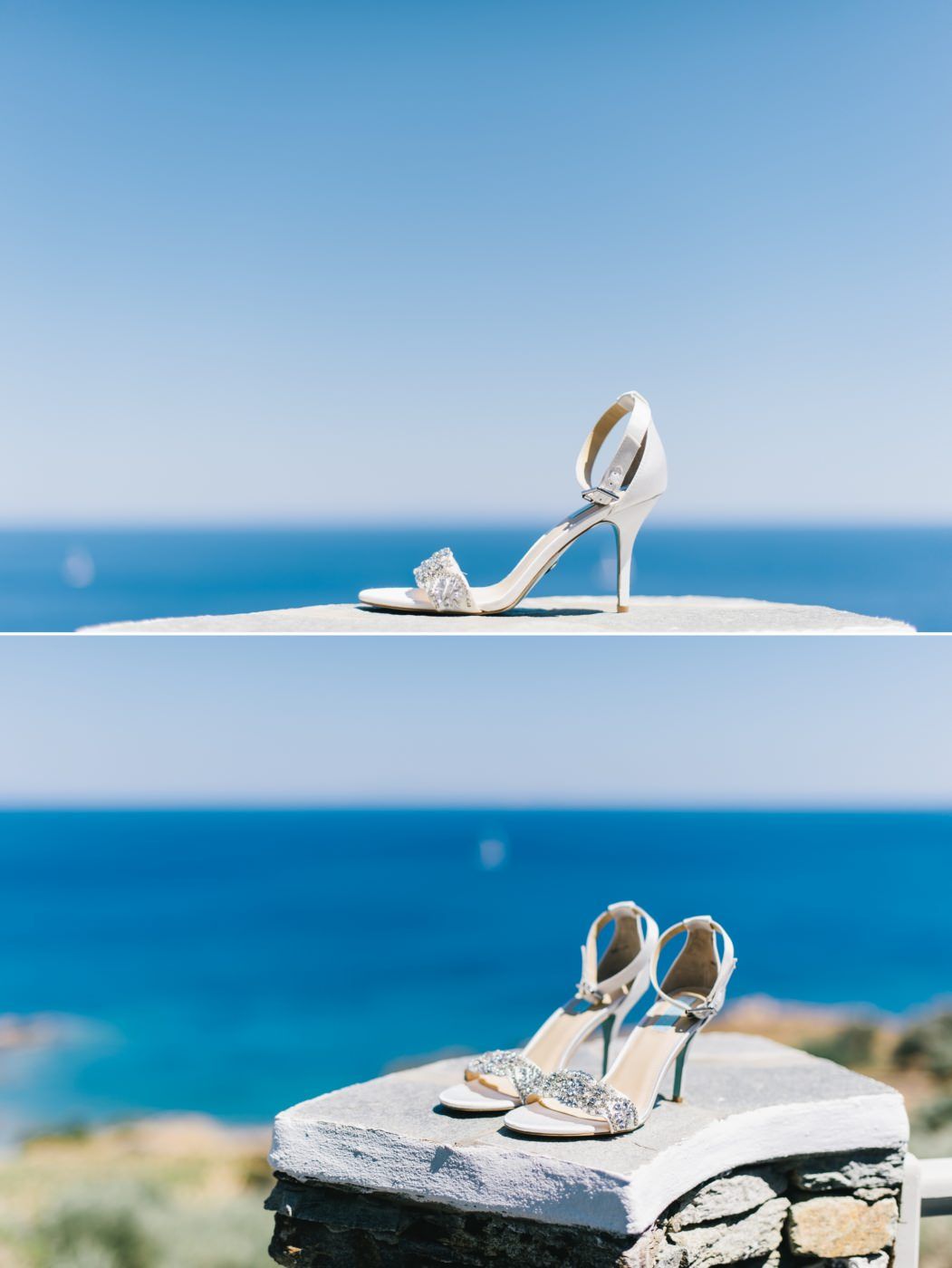 Elegant bridal shoes displayed against Mediterranean sea background.