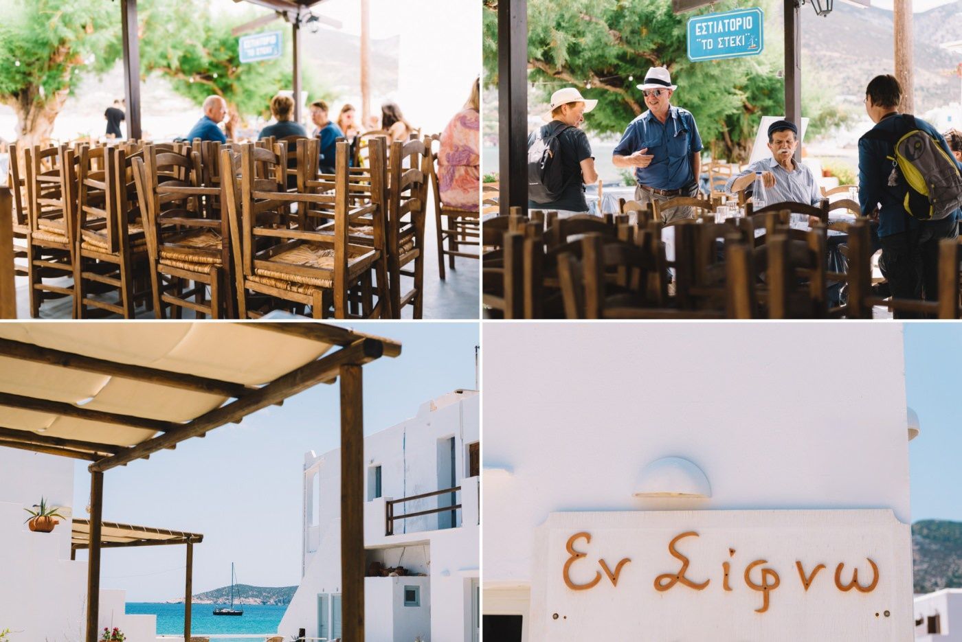 Traditional Greek taverna with wooden chairs and seaside dining setup.