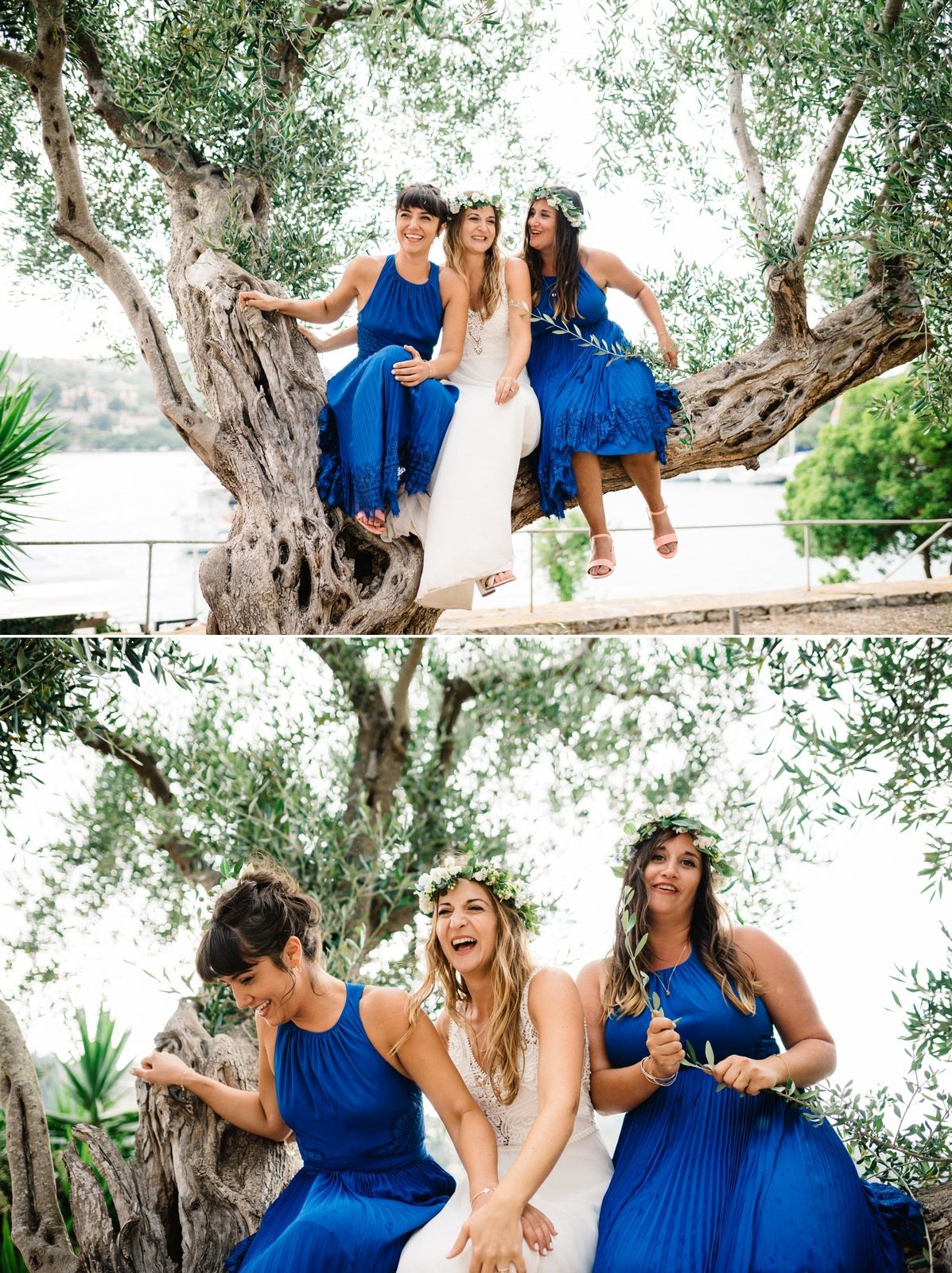 Fun wedding party photos taken in an old olive tree showing joyful moments and blue bridesmaid dresses.