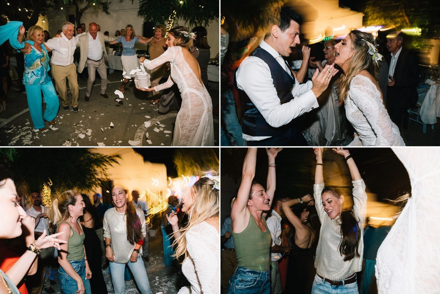 Lively wedding reception dance party with guests celebrating under evening lights.
