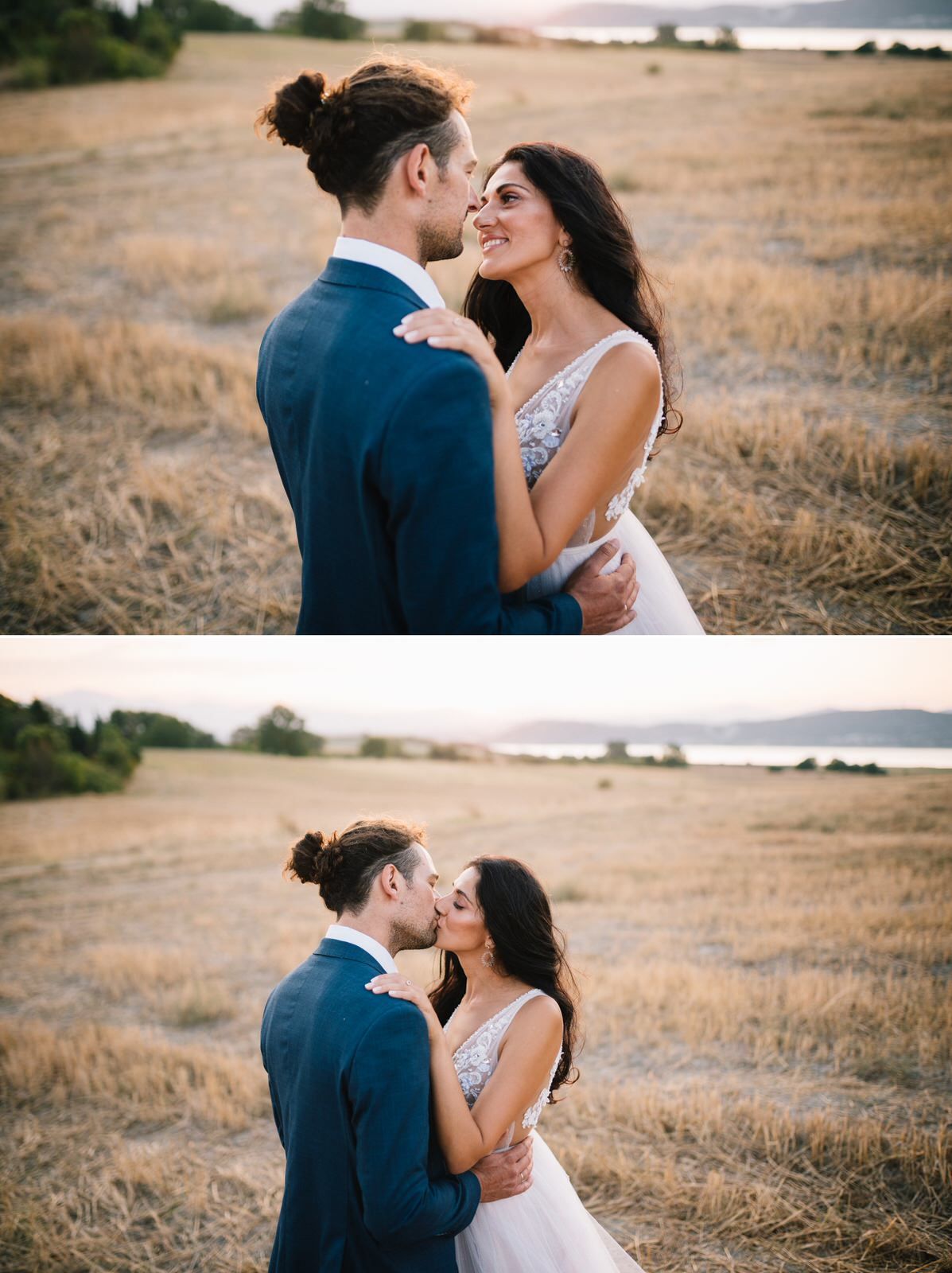 Wedding couple shares romantic kisses in golden field at sunset.