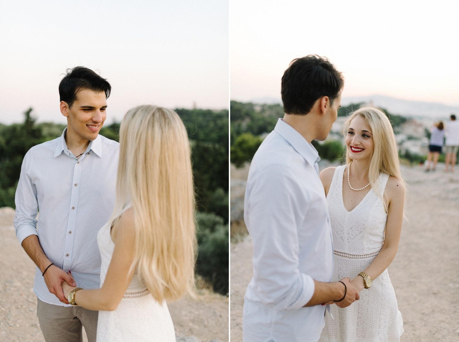 Romantic couple portraits against a scenic mountain backdrop during golden hour.