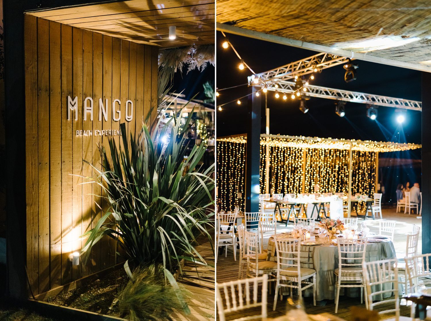 Modern event venue with wooden walls, tropical plants, and twinkling fairy light curtains.
