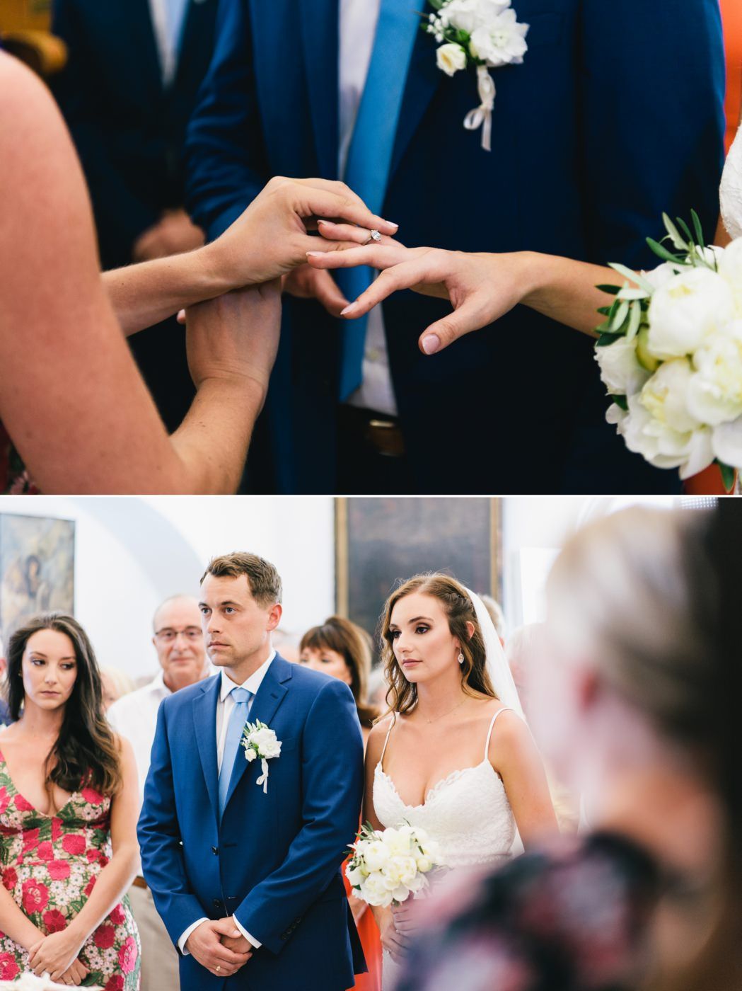 Wedding ceremony moments with rings and bouquets in traditional church setting.