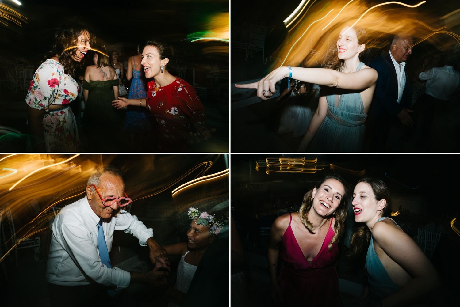 Lively dancing and celebrations at a wedding reception with dynamic lighting effects.