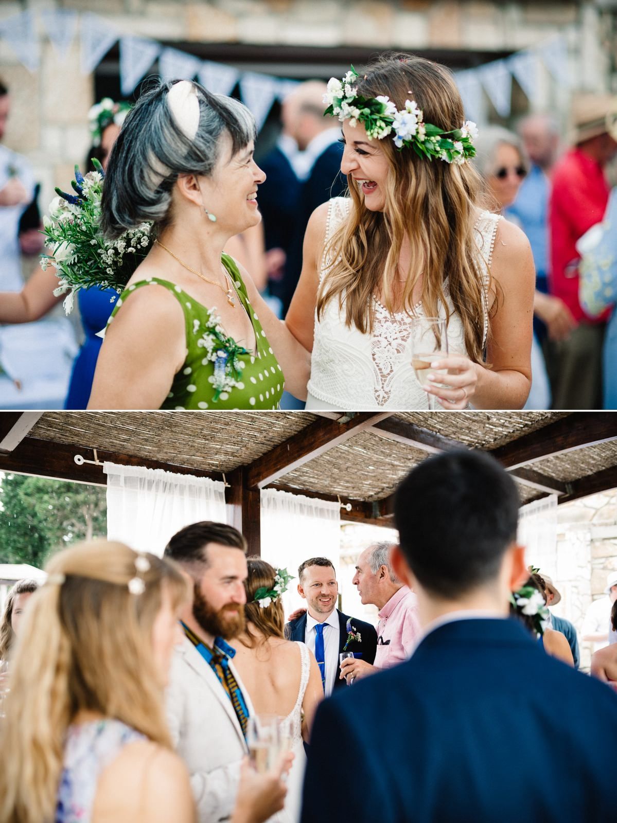 Wedding celebration with guests wearing floral crowns and socializing under covered outdoor venue.