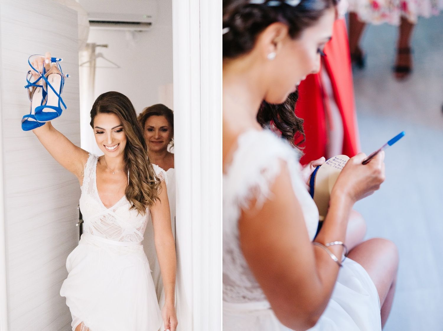 Side-by-side wedding preparation moments showing phone use and dress details.