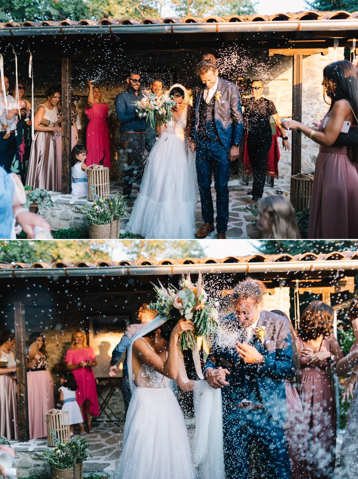 couple leave the church and the guests throws weddingrice