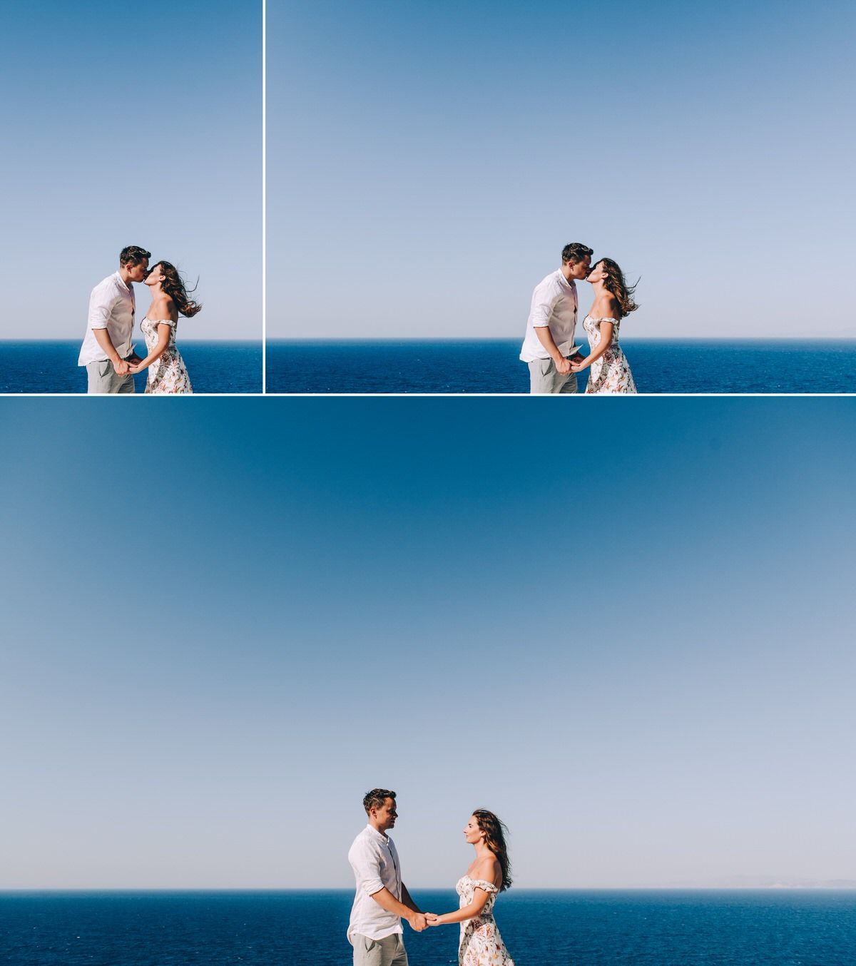 Three-photo sequence of couple in white embracing with ocean horizon in background.