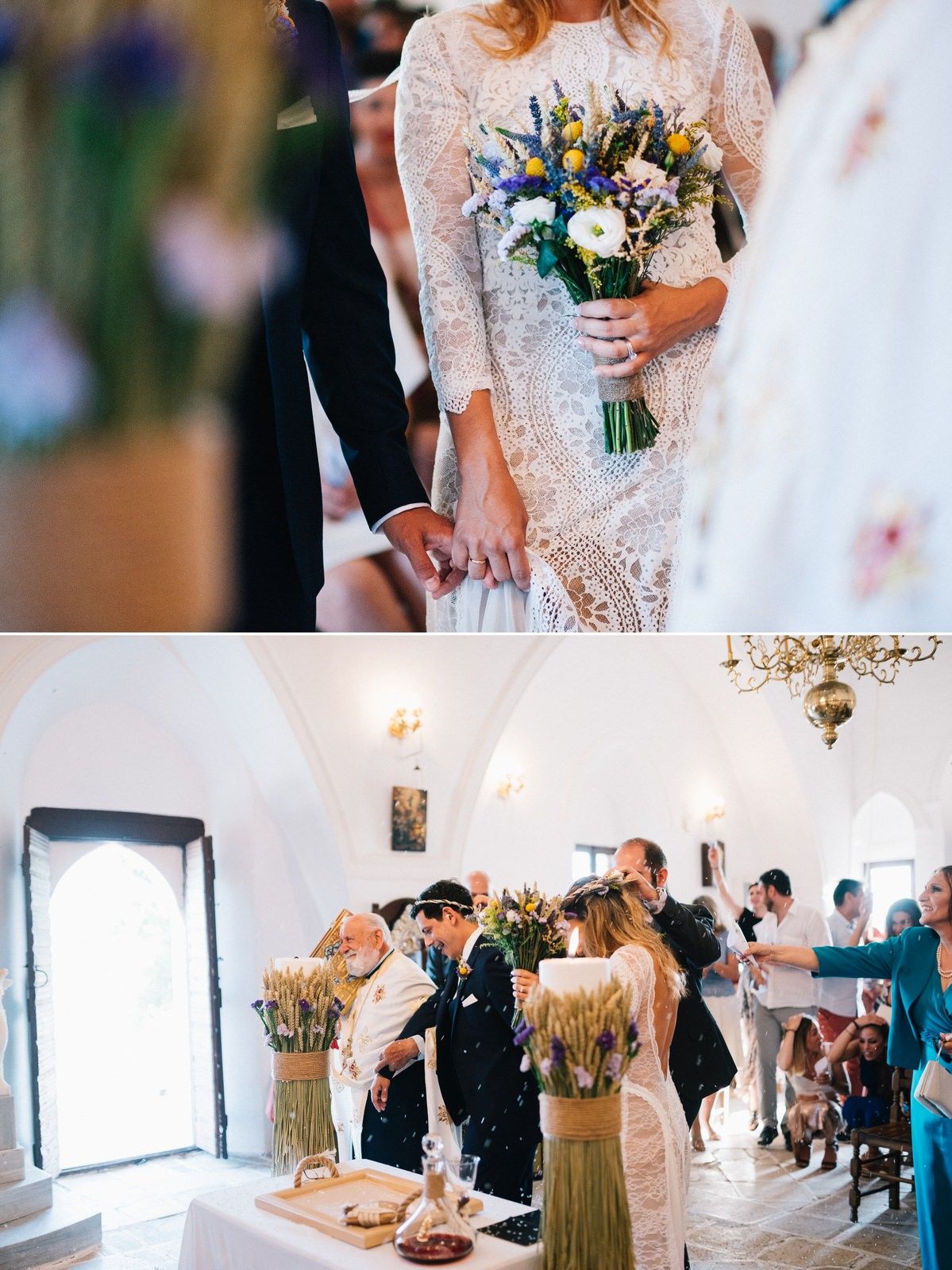 Wedding ceremony in white-domed Greek church with floral arrangements and hanging chandelier.
