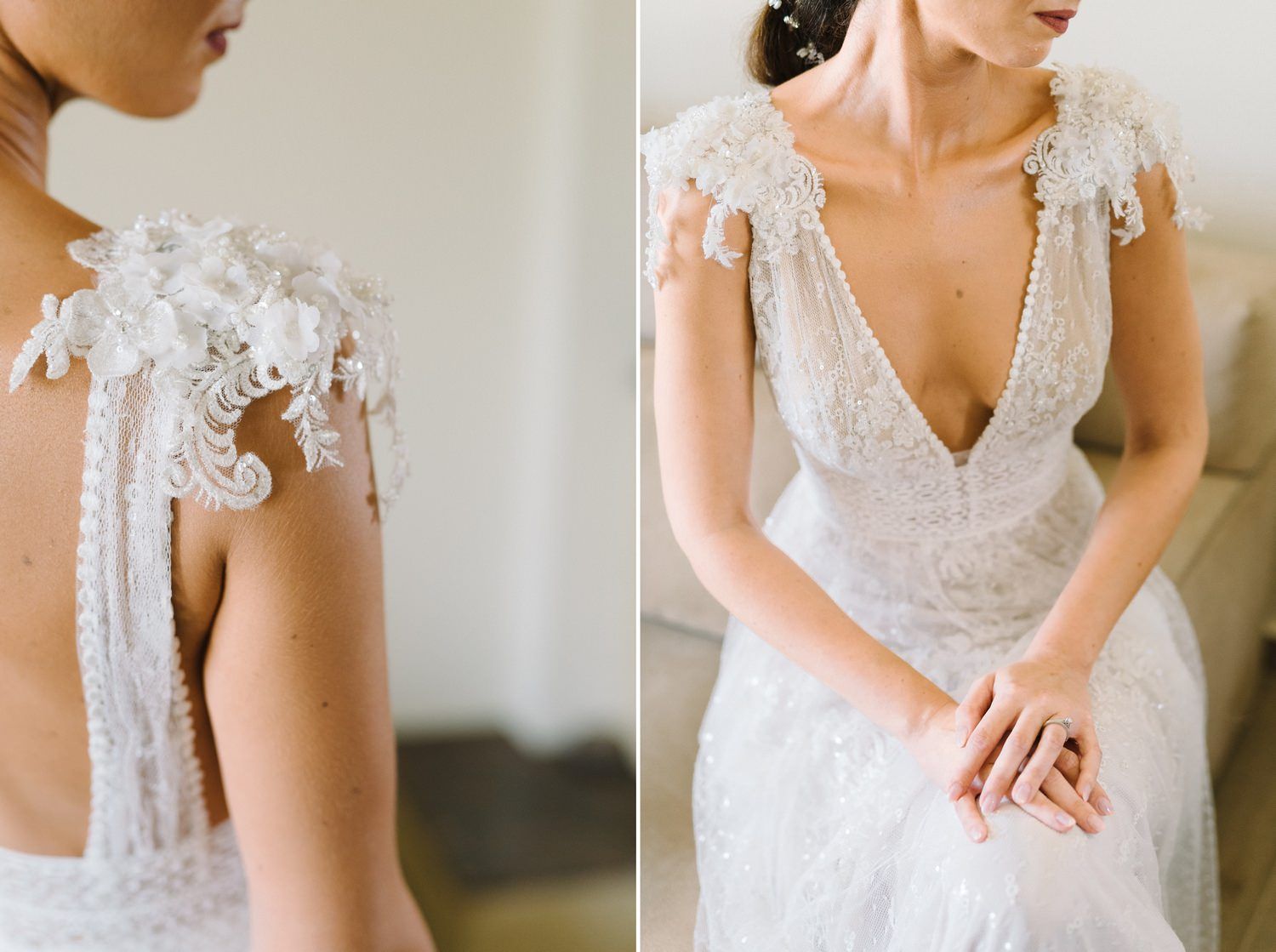 Close-up details of delicate lace wedding dress showing shoulder and neckline embellishments.
