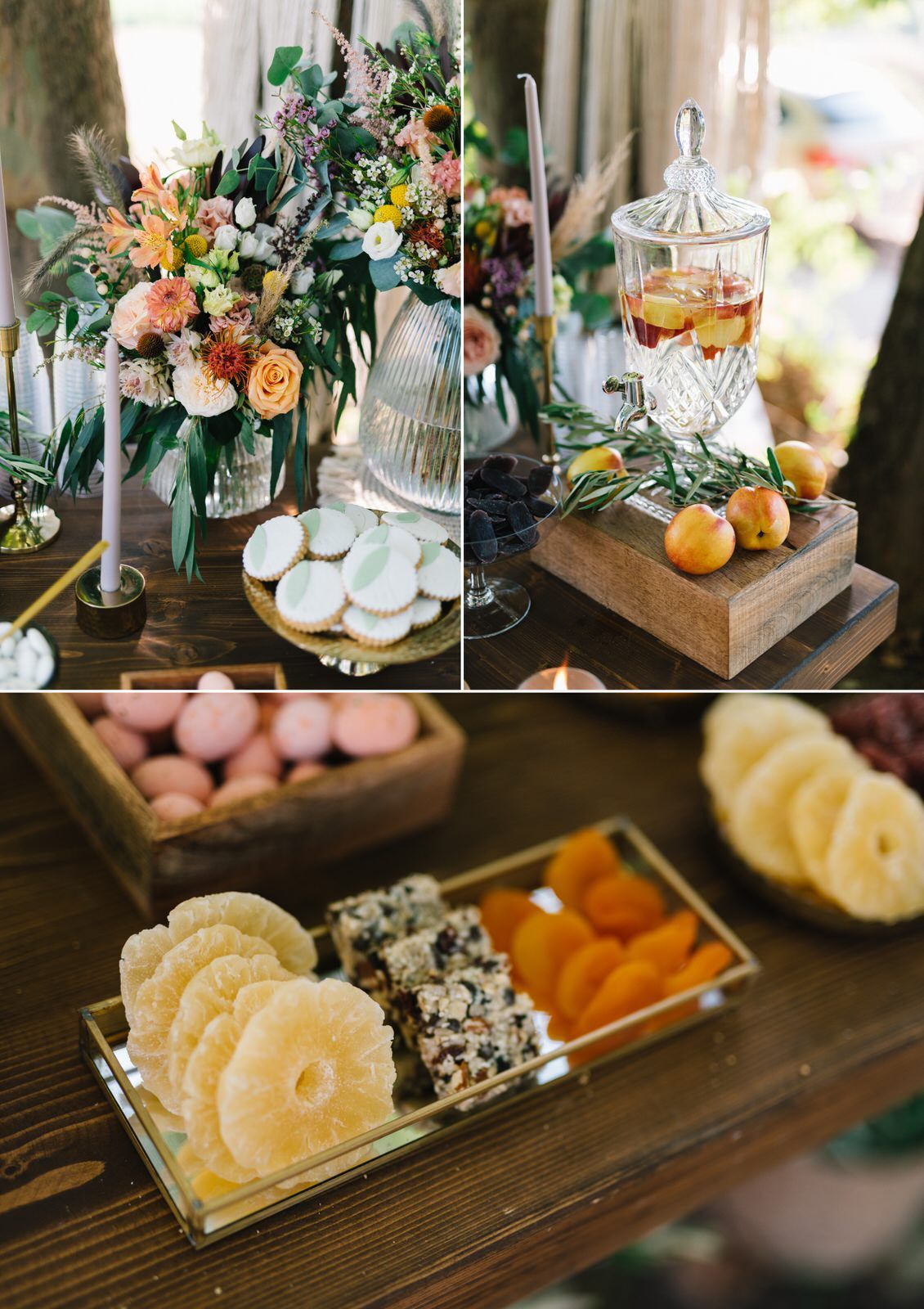 Elegant wedding table setting with floral arrangements and vintage drink dispenser.