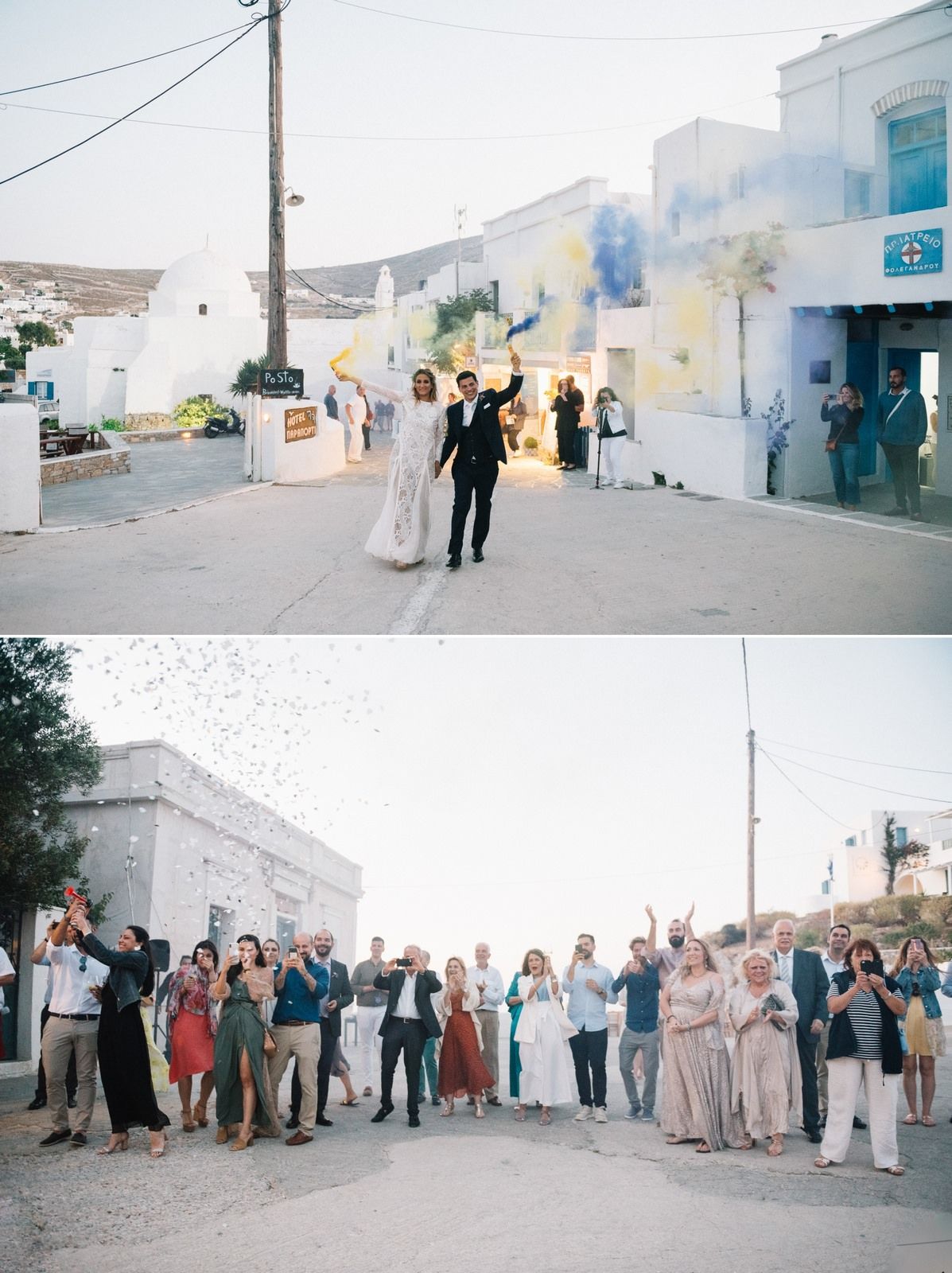 Wedding celebration in a quaint Mediterranean village street with white buildings and festive atmosphere.