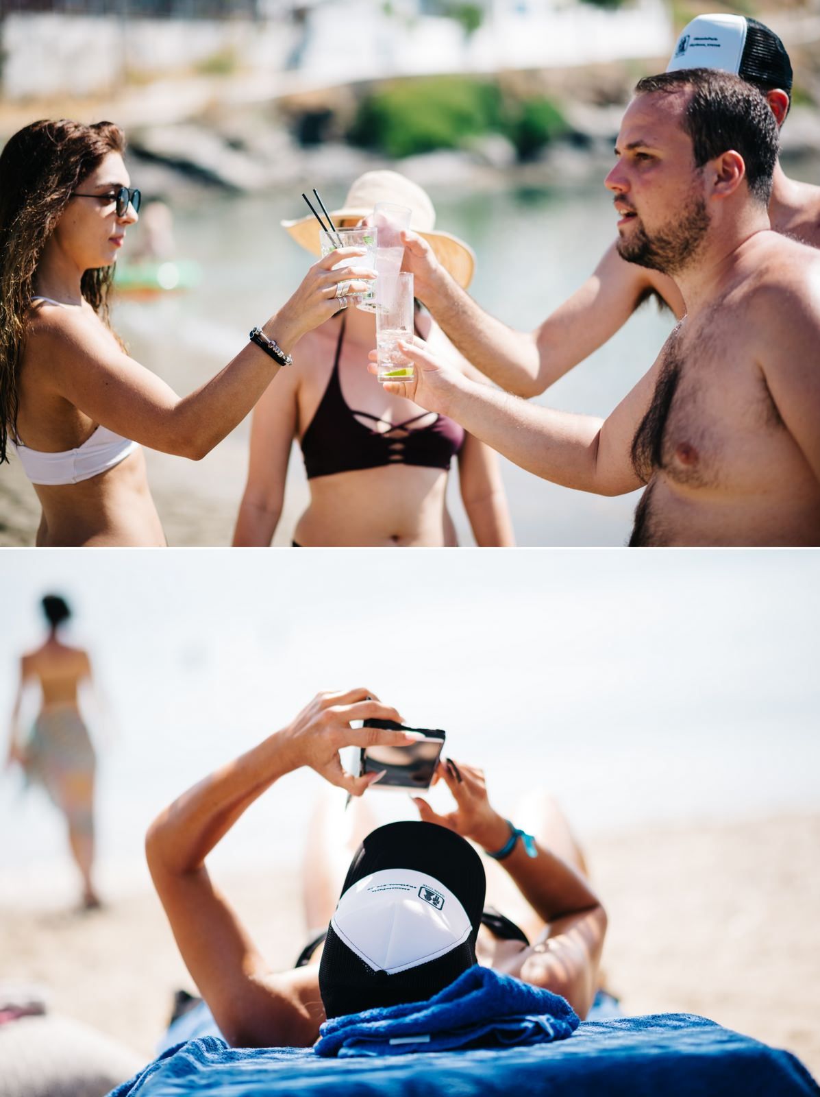 Friends toasting tropical cocktails at a beachside bar on a sunny summer day.