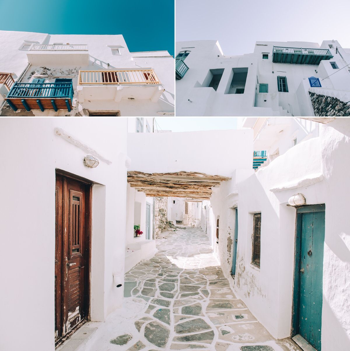 Collection of architectural details showing white buildings and stone paths in Mediterranean village.