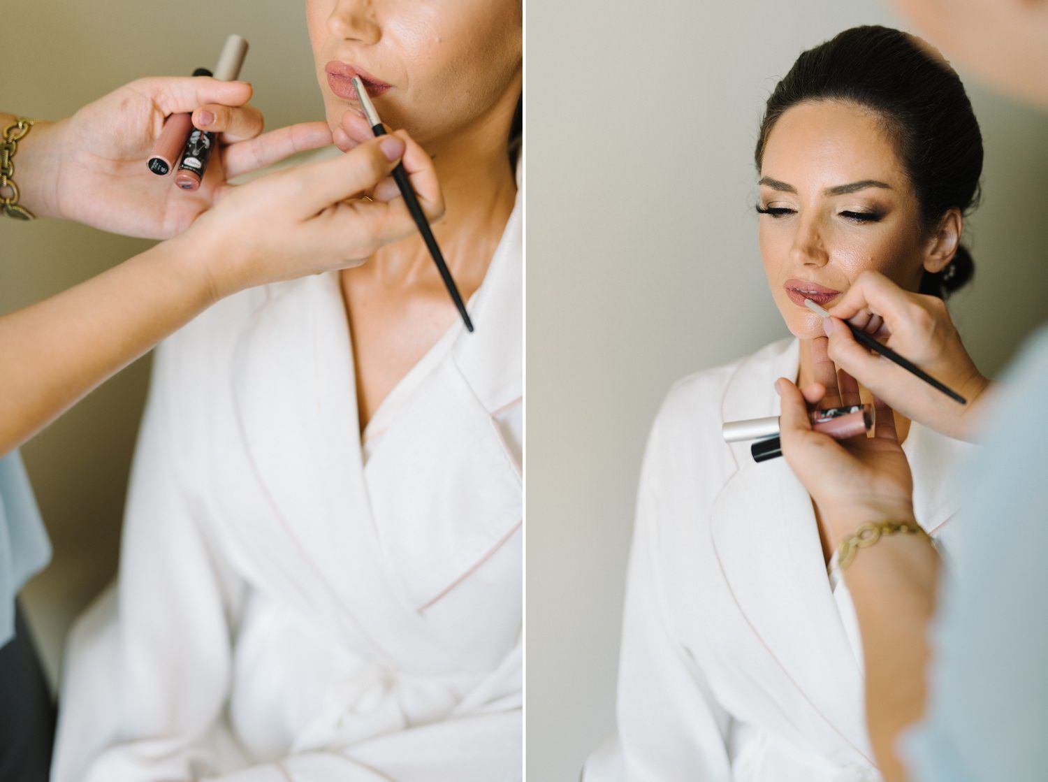 Professional makeup artist applying cosmetics during a wedding day preparation.