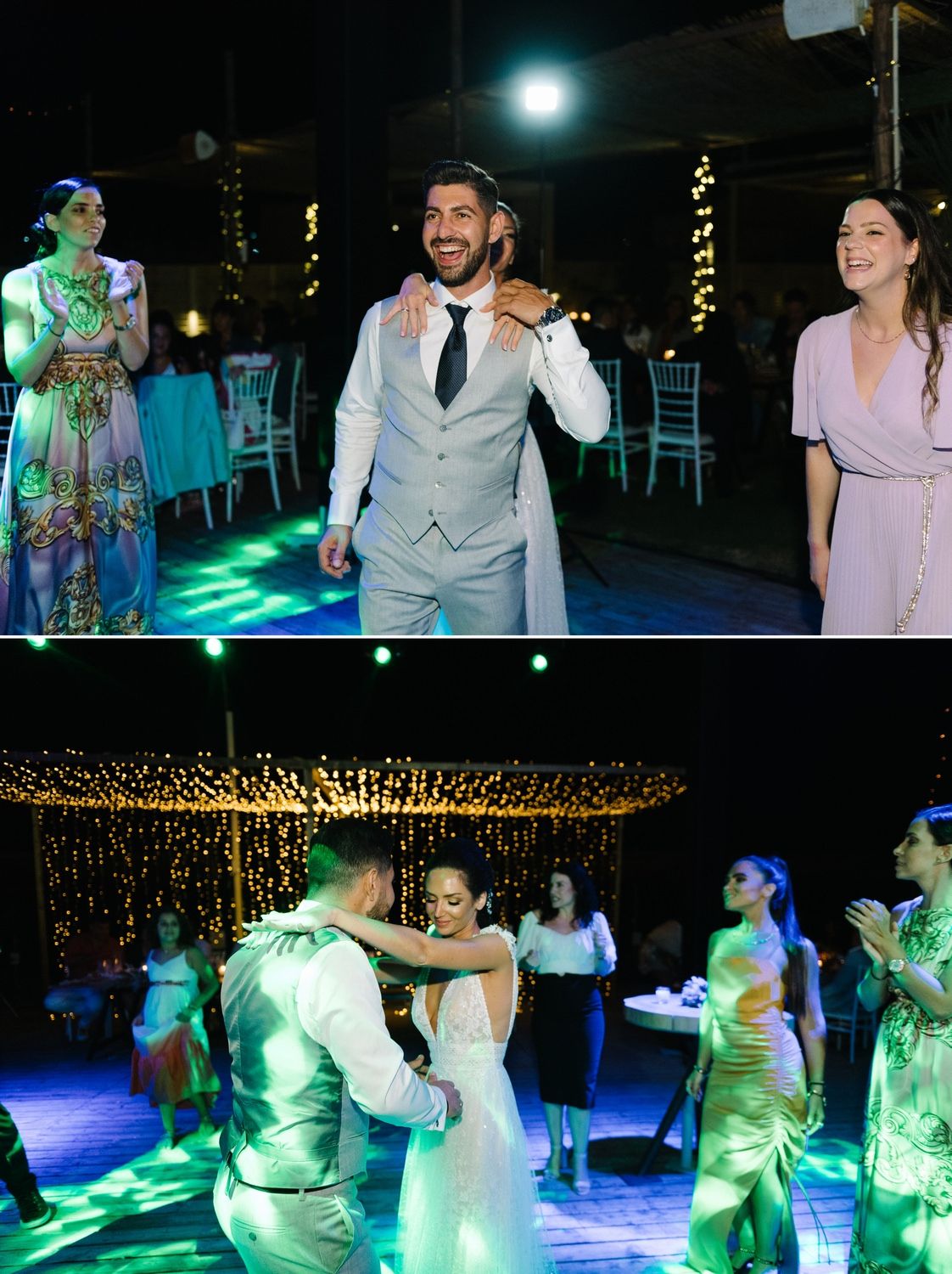 Wedding reception dance floor with festive lighting and joyful celebration.
