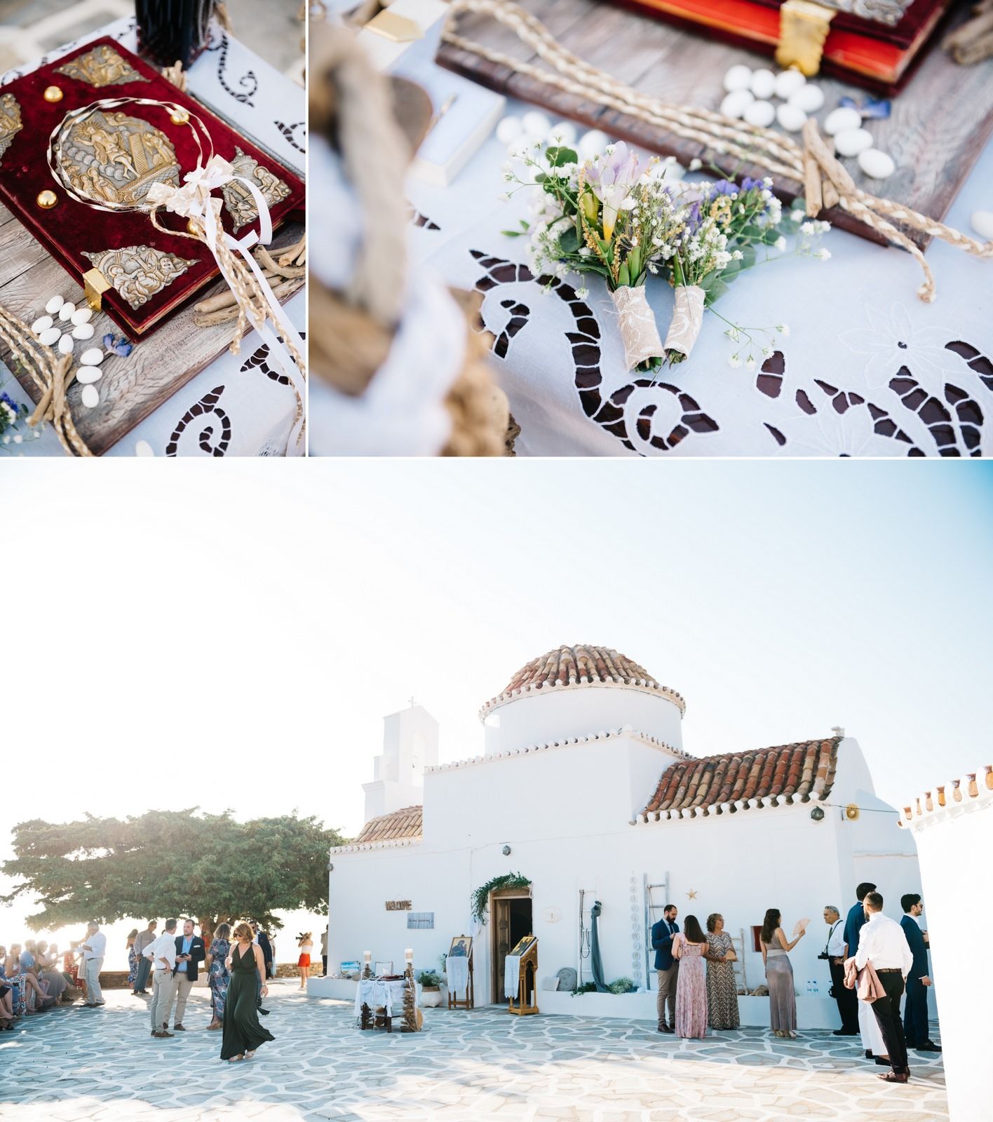 Wedding ceremony at a white Mediterranean church with guests gathering outside at sunset.