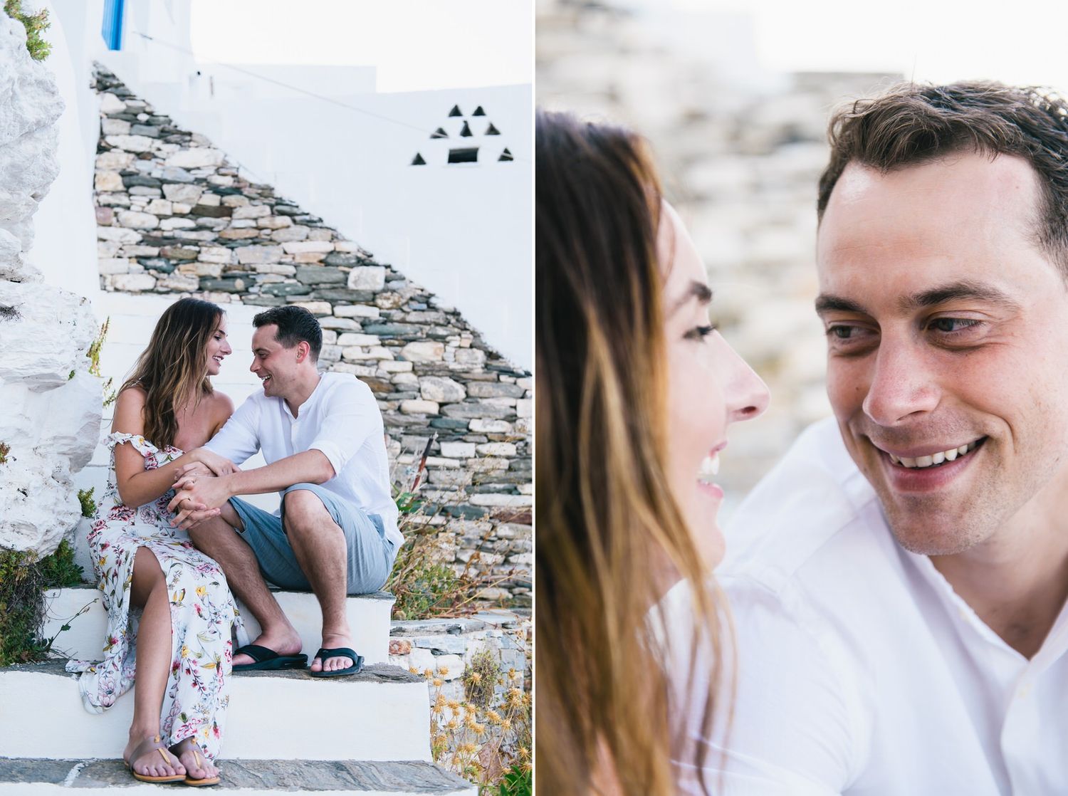 Couple enjoying romantic moments on white stone steps of Mediterranean village.
