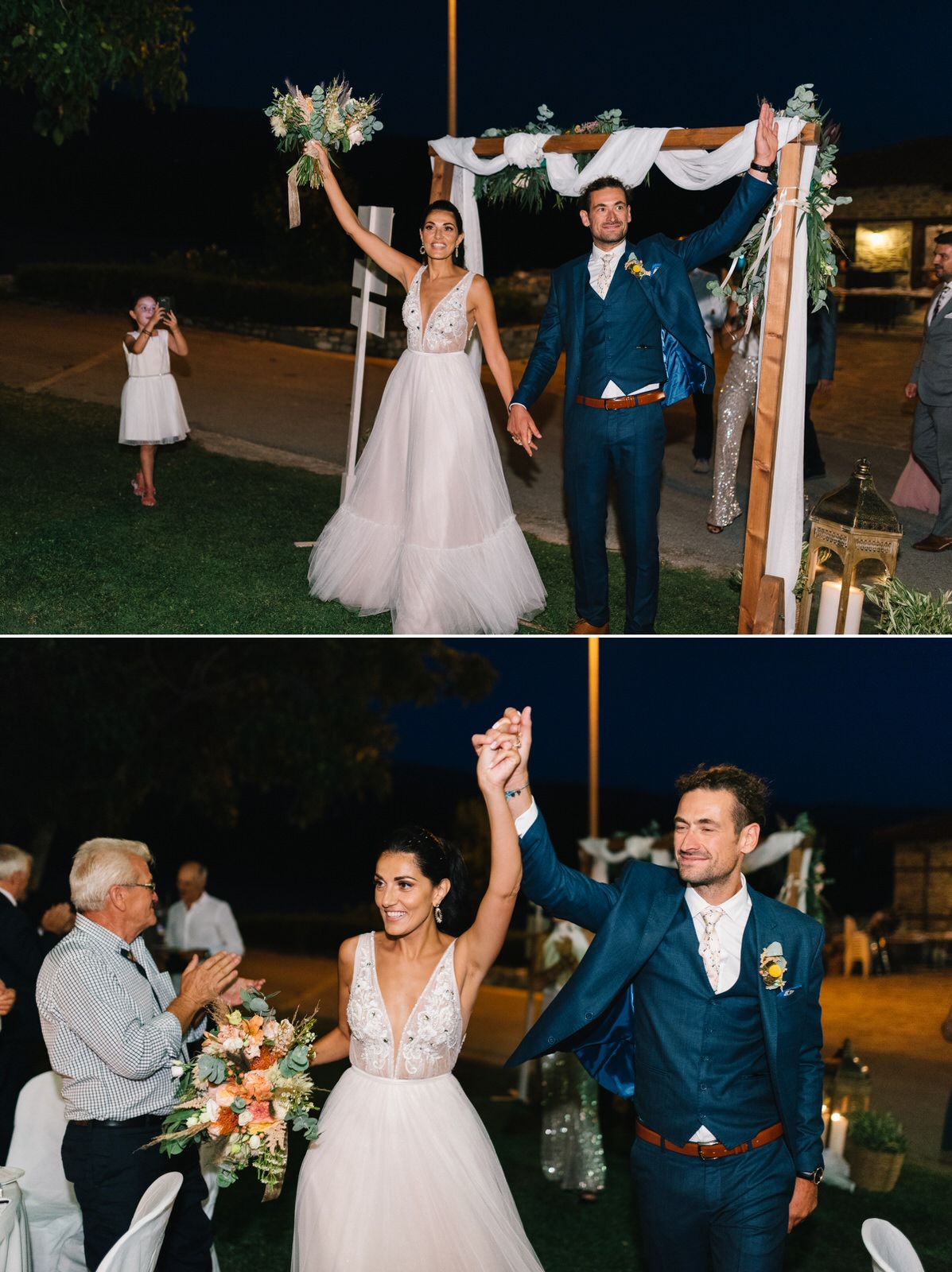 Newlyweds celebrate under a decorated wedding arch during their nighttime outdoor reception.