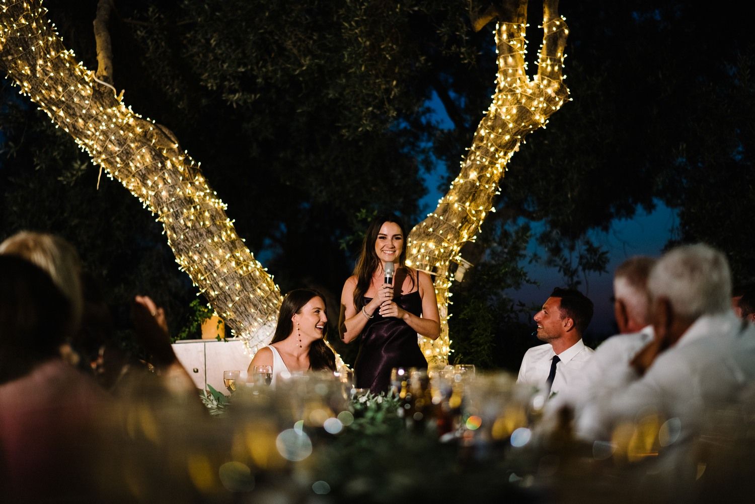 Wedding reception dinner guests seated under trees decorated with sparkling lights.