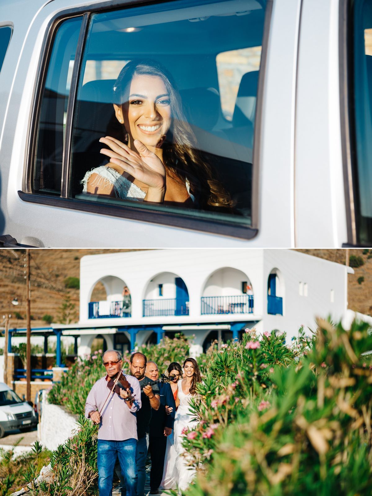 Mediterranean wedding venue with white arches and joyful wedding party procession.