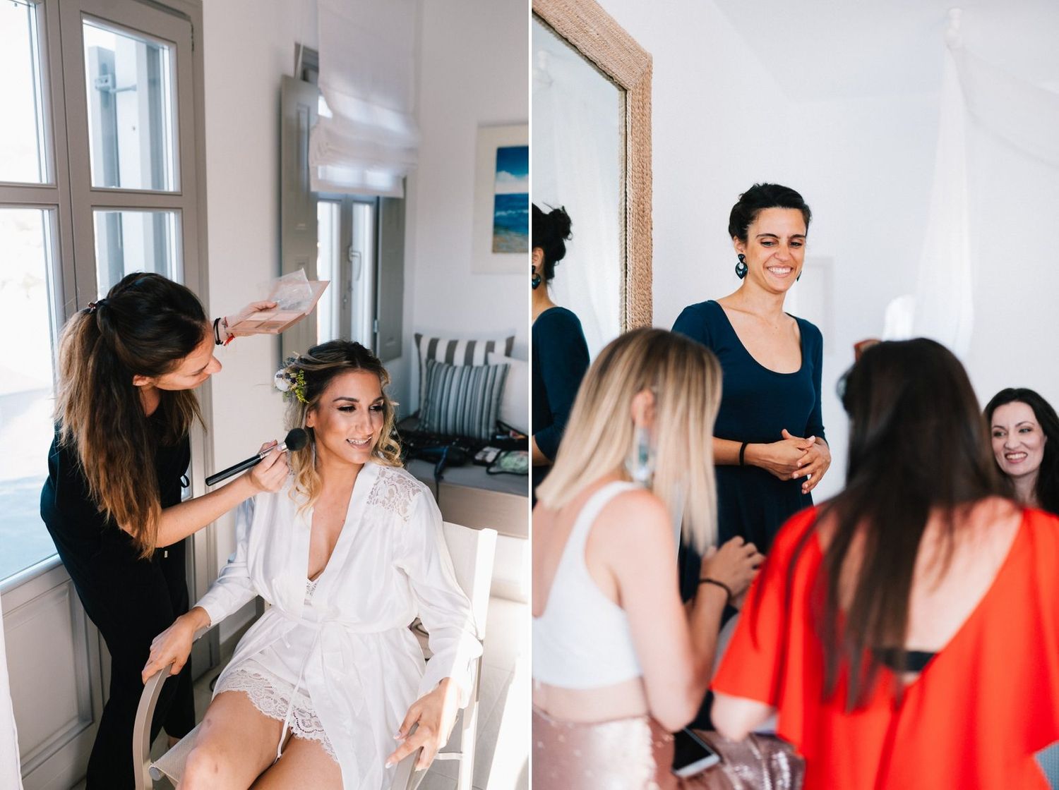 Wedding party preparation scene with stylists working on bride's hair and makeup in bright room.