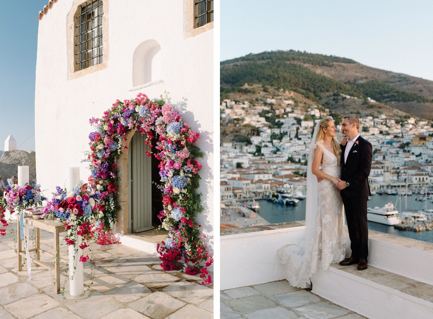 A romantic wedding ceremony set against the backdrop in Hydra island with white buildings and pink flowers.