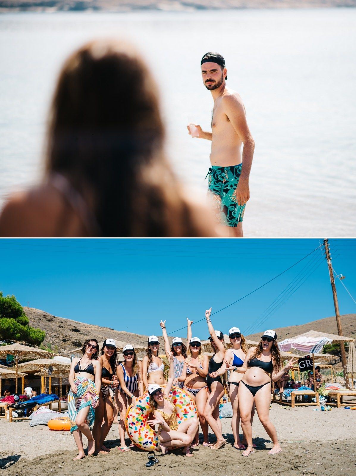 Group enjoying a sunny beach day with waves and coastline in the background.