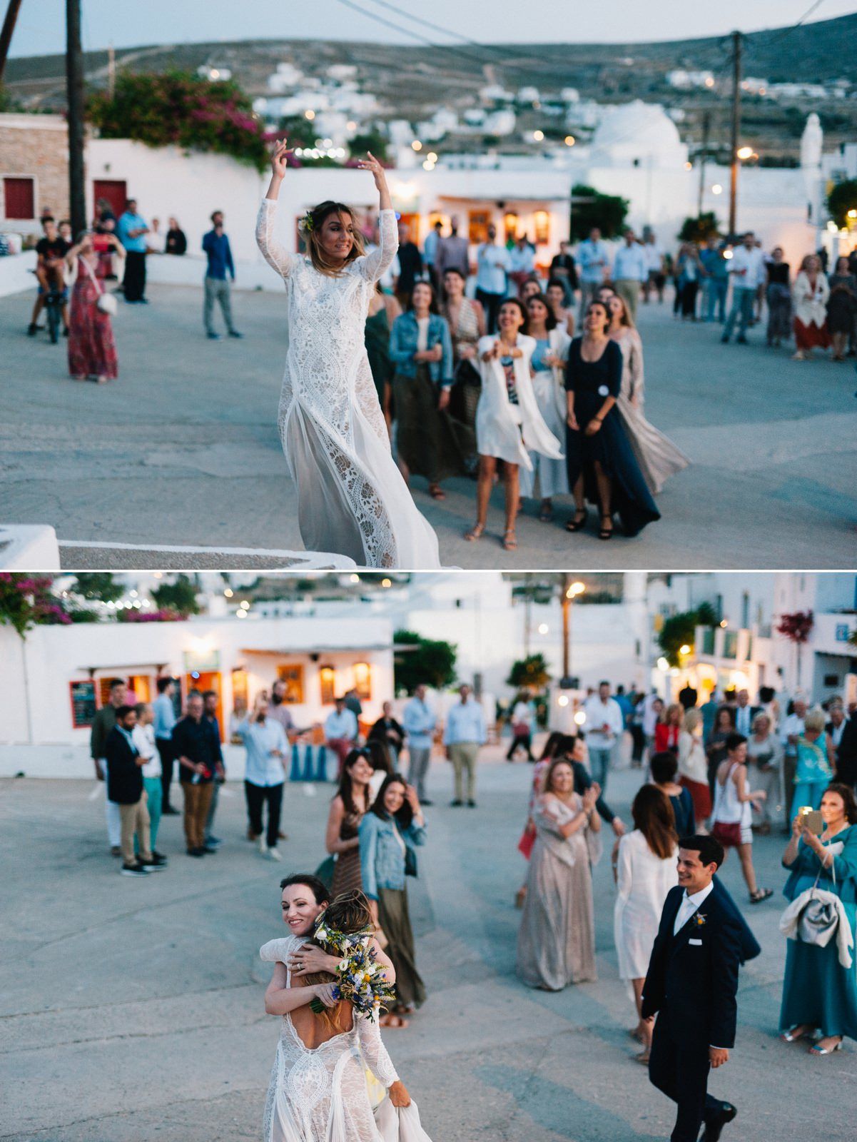 Festive wedding celebration with dancing and joy in a traditional Mediterranean village street.