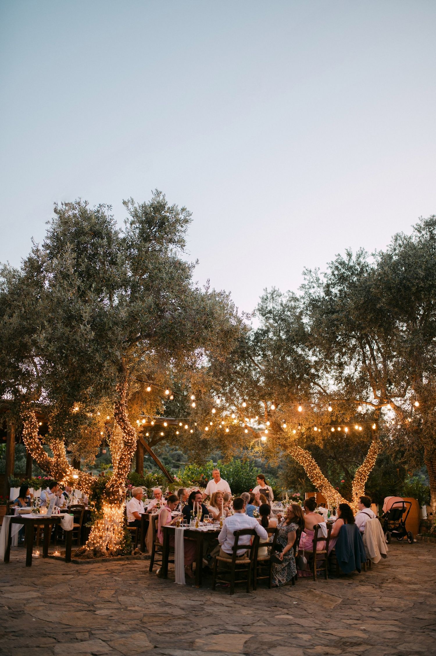 An outdoor wedding reception under olive trees decorated with warm string lights on a stone patio at dusk.