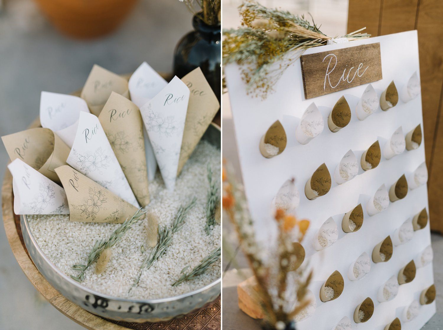 Wedding seating cards arranged artistically with dried flowers and natural elements.