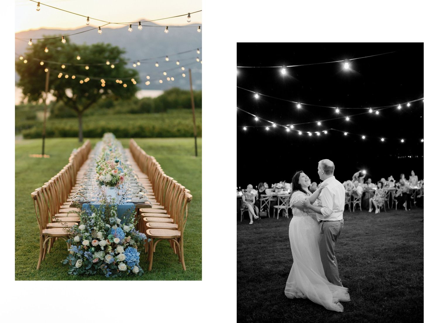 outdoor table settings, string lights, dancing, and rustic wooden decor at dusk in vineyard kamkoutis at velventos