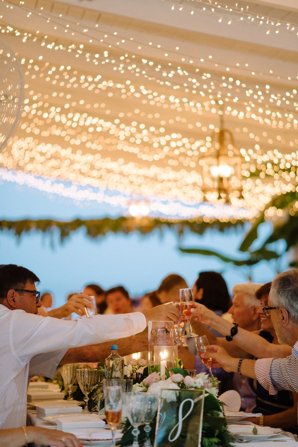 Wedding guests raise glasses in a toast under glowing string lights at outdoor reception.