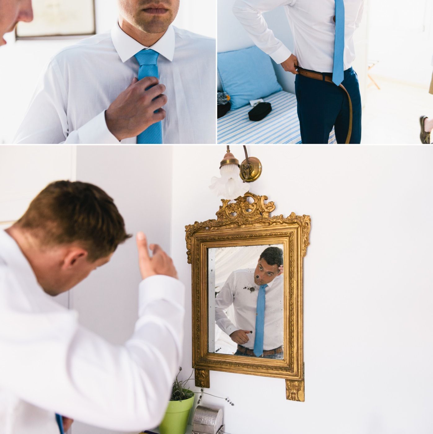 Getting ready sequence showing formal tie adjustments and reflection in ornate gold mirror.