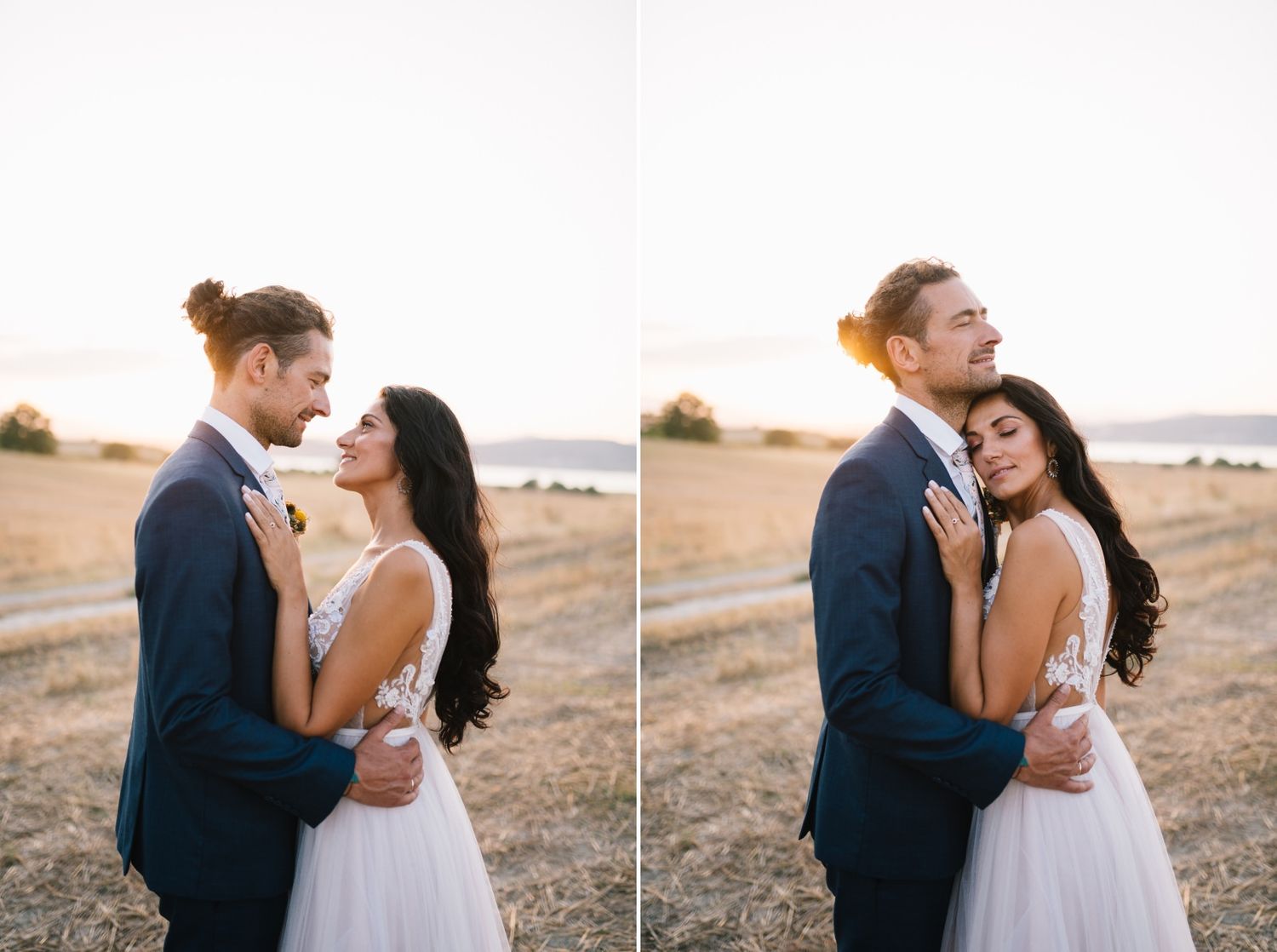 Wedding couple shares romantic moments at sunset in rural landscape.