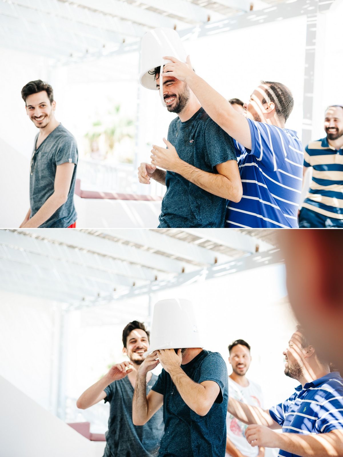 People sharing joyful moments and laughter in a bright indoor setting.