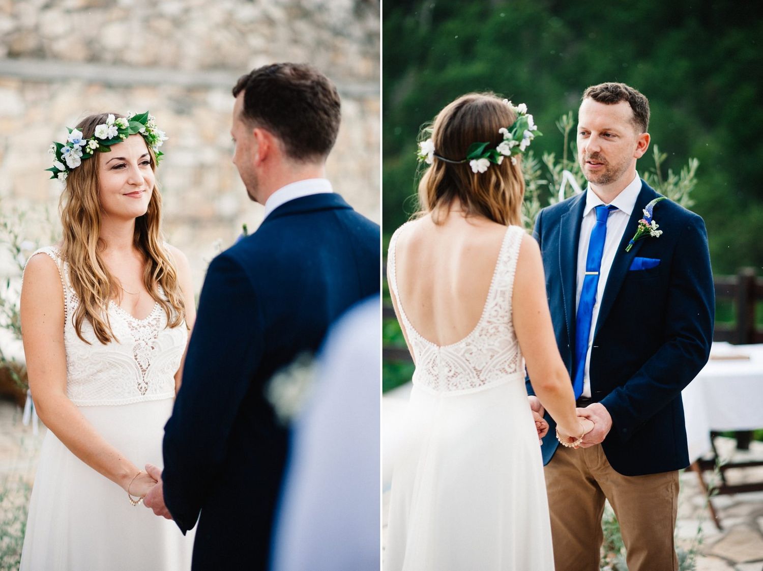 Close-up shots of bride in white gown with floral crown and groom in navy suit during outdoor ceremony.