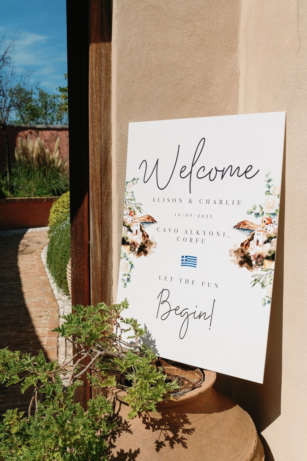 welcome board from a wedding at cavo alkyoni corfu