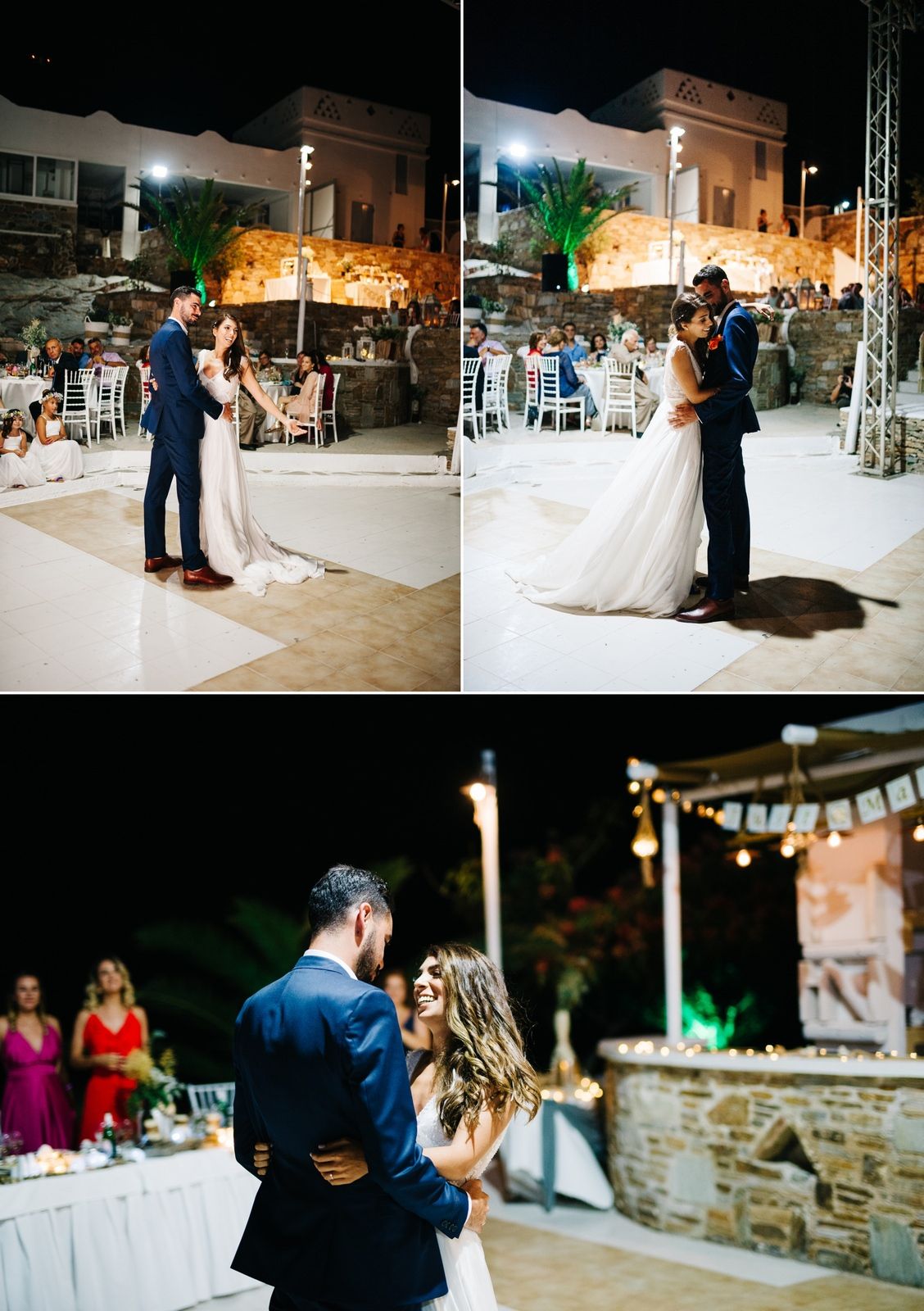 Romantic first dance moments captured at nighttime outdoor wedding reception.