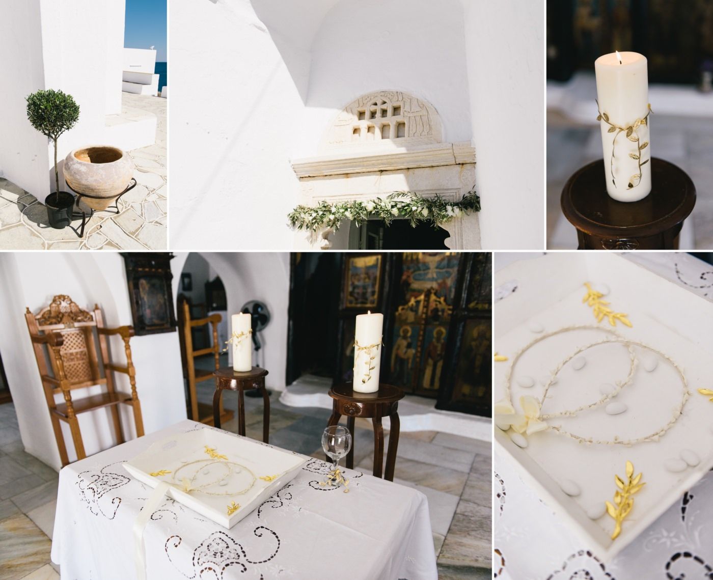 Wedding ceremony setup with decorated table and candles in a traditional Greek church.