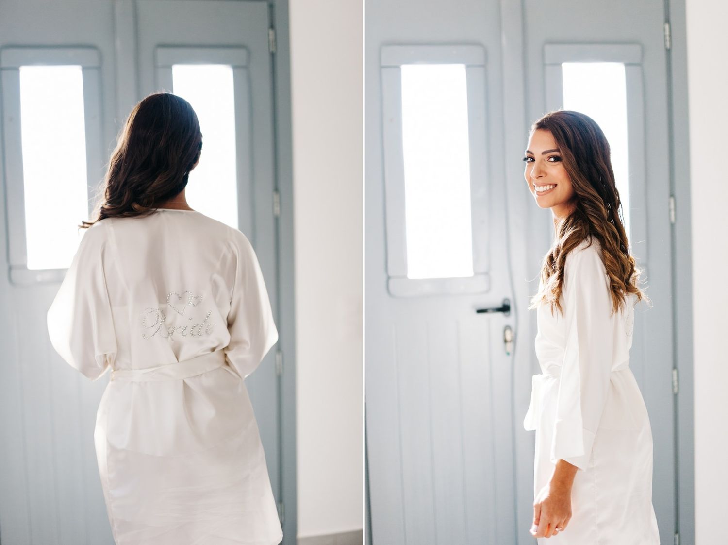 Two views of a white bridal robe in a bright minimalist room with blue-framed windows.