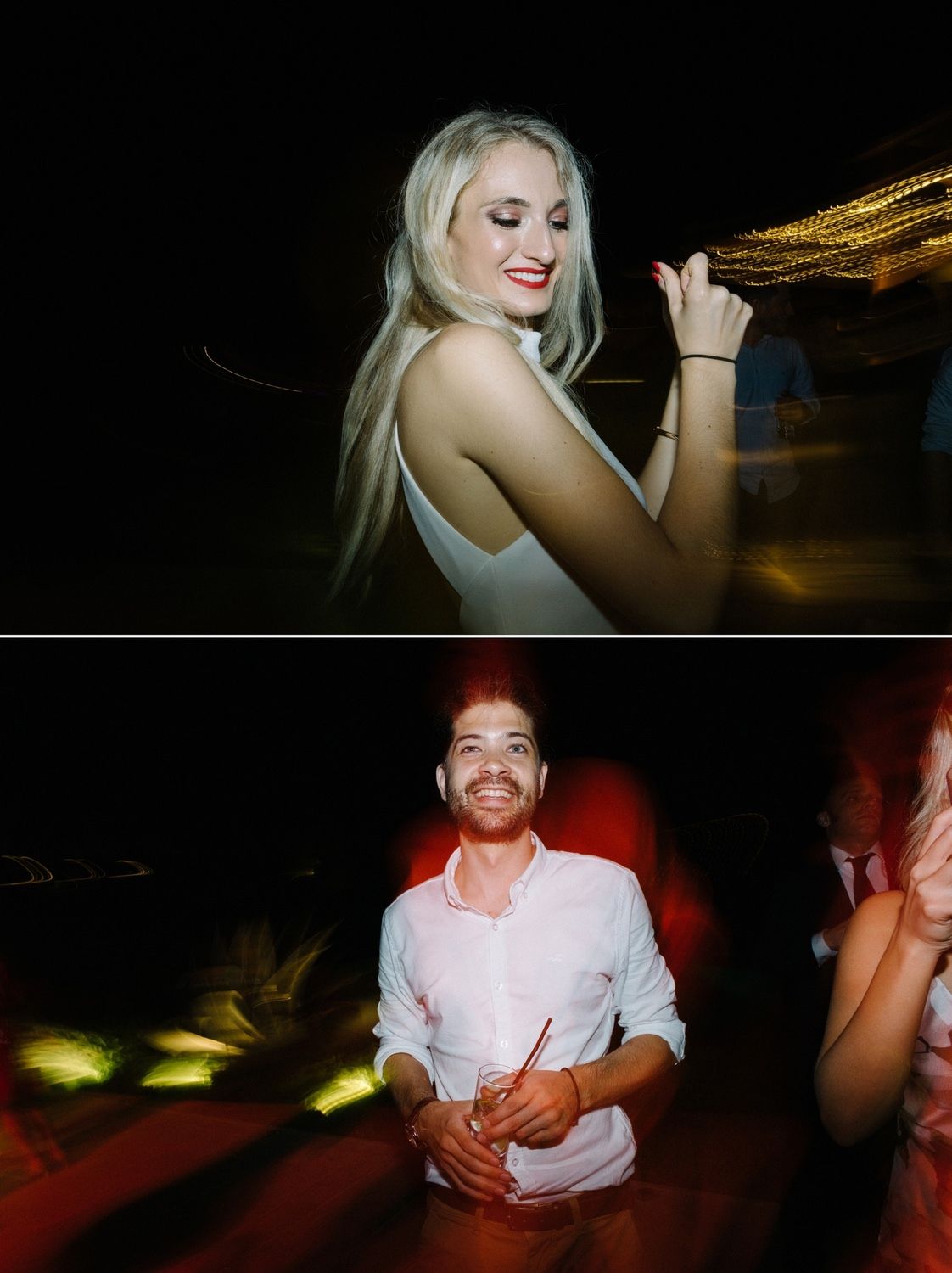 Two party scenes with people dancing and celebrating against colorful light trails.